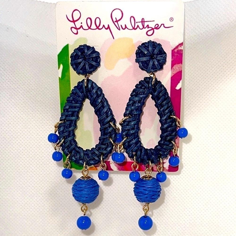 Lilly Pulitzer Alba Blue Raffia Teardrop Earrings Lightweight 3.5” - NWT